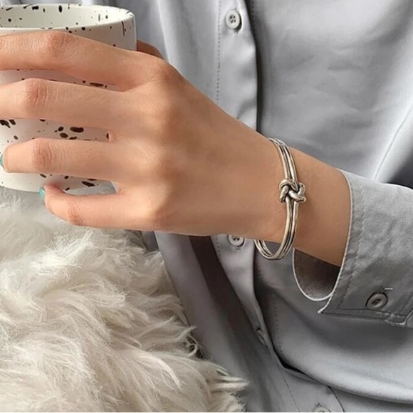 Knot Sterling Silver Bangle Cuff Bracelet, Elegant Matching Ring Set - Picture 14 of 15